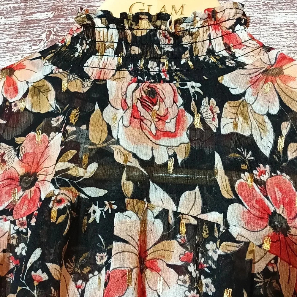 Floral sheer boho gathered mock neck flowy ruffle shimmer wide sleeve M - Picture 6 of 16